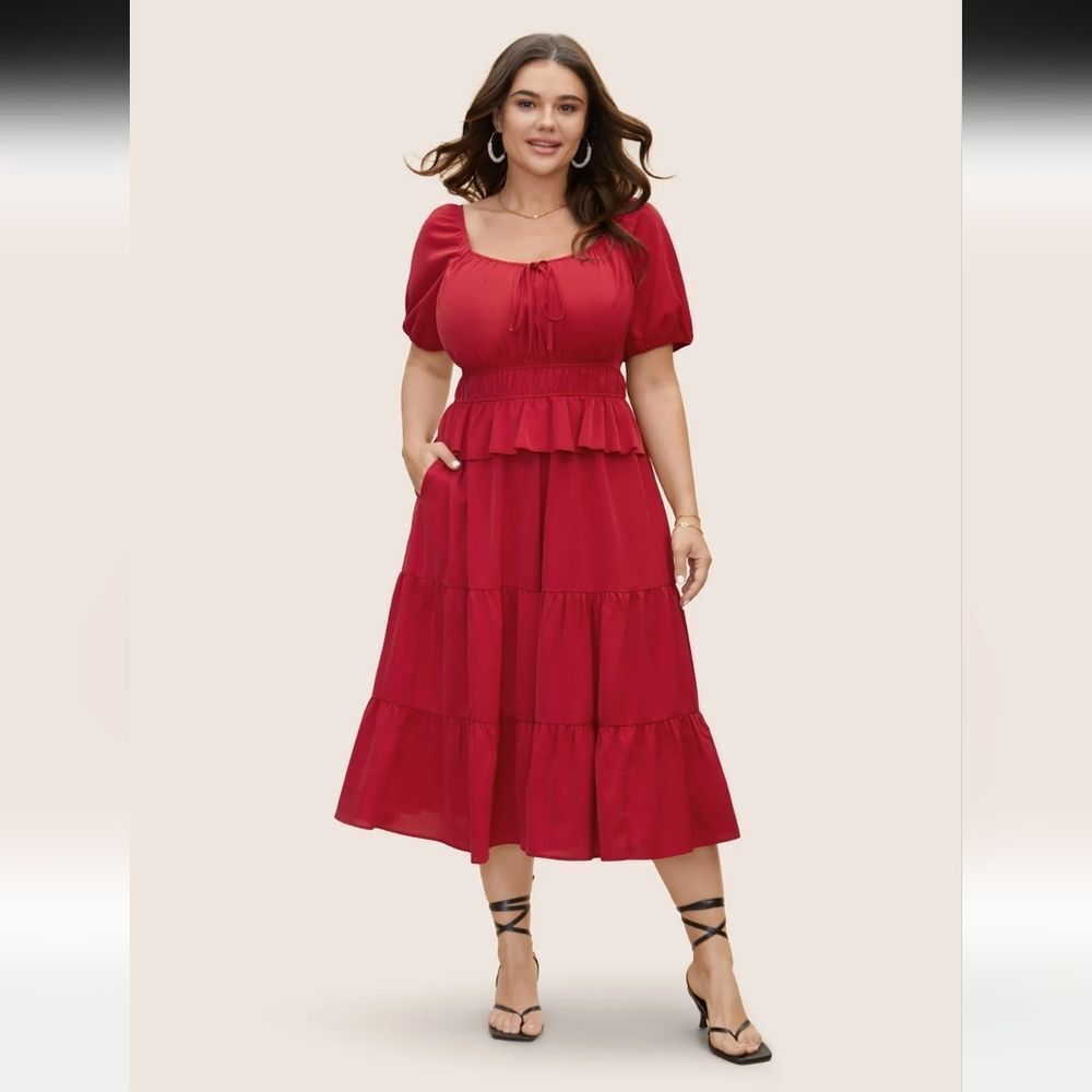 Heart Neckline Bowknot Ruffle Trim Midi Dress Sz 26 /4x